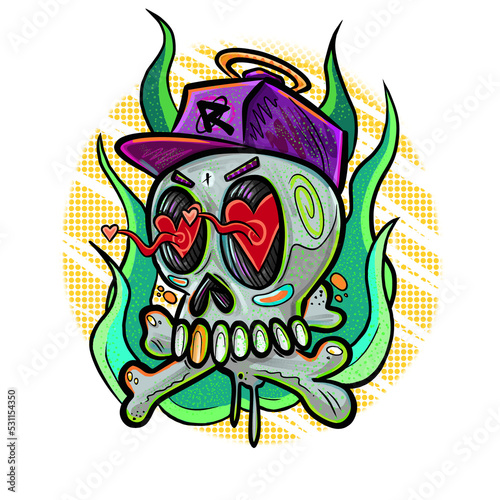Skull and bones with love in the eyes  colorful design print  graffiti illustration.