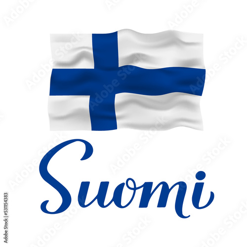 Flag of Finland and calligraphy hand lettering in Finnish isolated on white. Vector template for typography poster banner, flyer, sticker, greeting card, postcard, etc