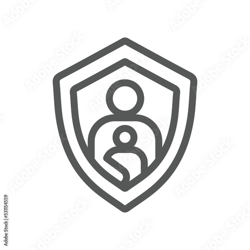 Parents and child avatar in shield badge for online safety kids symbol. Kids watch safe content on internet. Parental control outline flat solid icon Vector illustration filled outline style EPS10