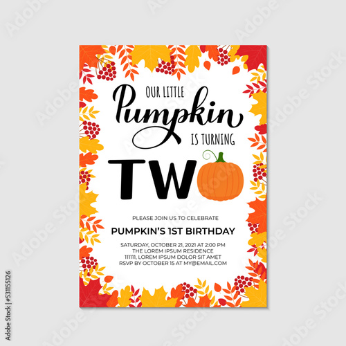 Our Little Pumpkin is turning two. Baby second birthday invitation card. Autumn birthday party. Vector template