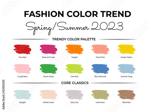 Fashion Color Trend Spring Summer 2023. Trendy colors palette guide. Fabric swatches with color names. Easy to edit vector template for your creative designs