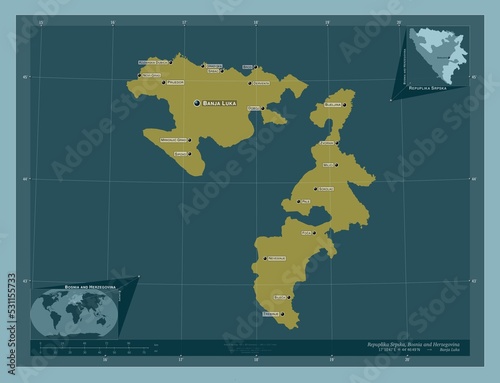 Repuplika Srpska, Bosnia and Herzegovina. Solid. Labelled points of cities photo