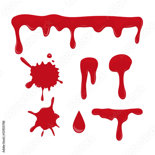 Drops and splashes of blood set. Spreading blood.