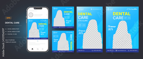 Dental care social media post, story and poster flyer design template with handphone mockup vector
