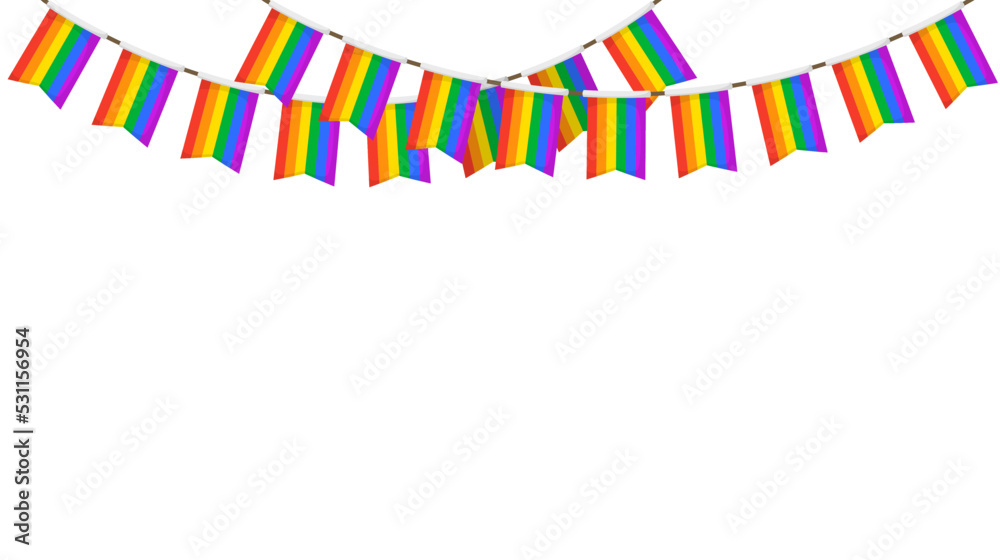 Fototapeta premium LGBT garland. Rainbow color pennants chain. Party bunting decoration. Celebration flags for pride decor. Footer and banner background