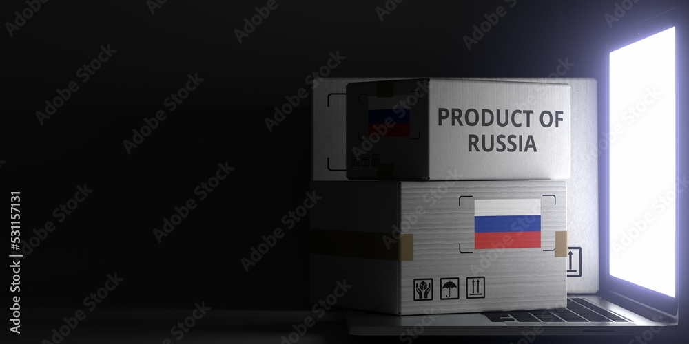 PRODUCT OF RUSSIA text and flag sticker on the boxes on the laptop on dark background. 3D rendering PRODUCT OF RUSSIA text and flag sticker on the boxes on the laptop on dark background. 3D rendering