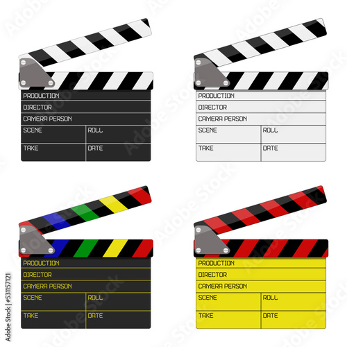 Vector realistic open black and white, color clapperboard. Clapperboard design Template, Movie making devices