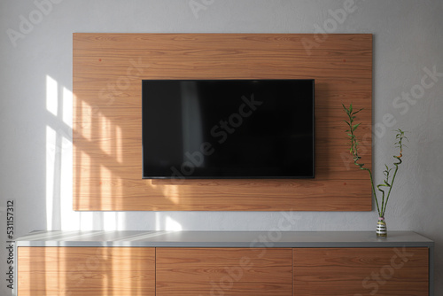 Large TV on a wooden panel on the wall