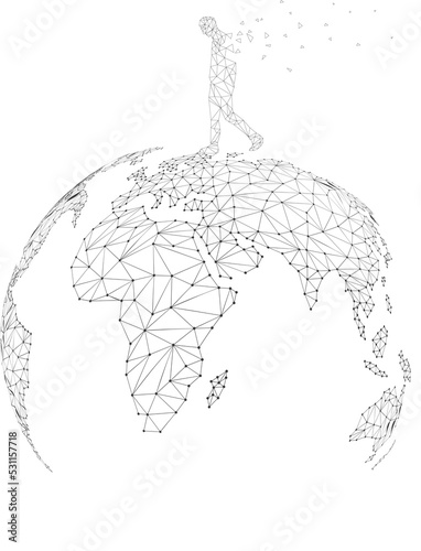Man walk on 3D world map Globe wireframe polygon dot connect line: concept of travel , world connection