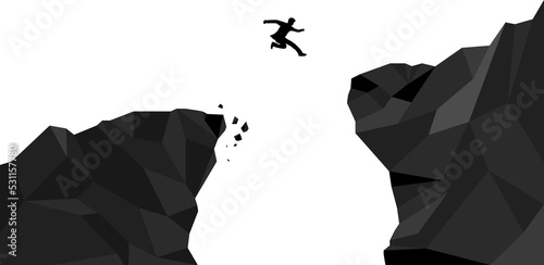 Silhouette of businessman jump over the abyss to higher cliff. Concept of risk and success in business