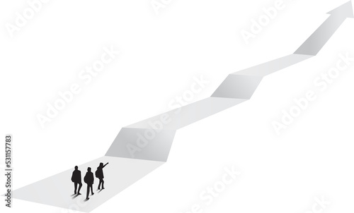 Silhouette of a team leader look up to business growing arrow, Concept of teamwork, leadership, Goal, Mission and Vision,