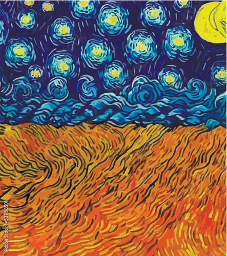 The Starry Night - Vincent van Gogh painting. vector