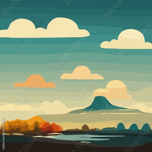 Nature and landscape. Vector illustration of trees  forest  mountains  flowers  plants  houses  fields  farms and villages. Picture for background  postcard or cover
