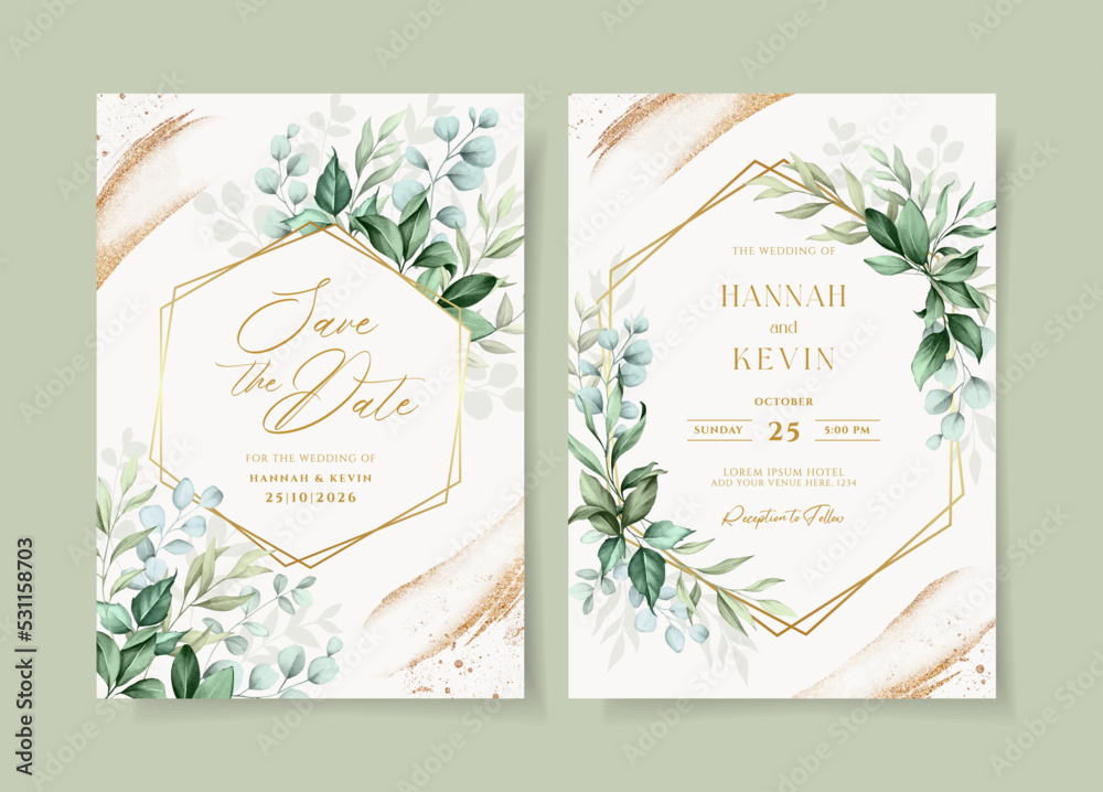 Beautiful wedding invitation template set with greenery decoration