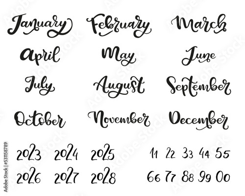 Month of the year. A beautiful editable vector name month vector design for a calendar, diary, bullet journal, annual report or planner. January, February, March, April, May, June, July, August, Septe