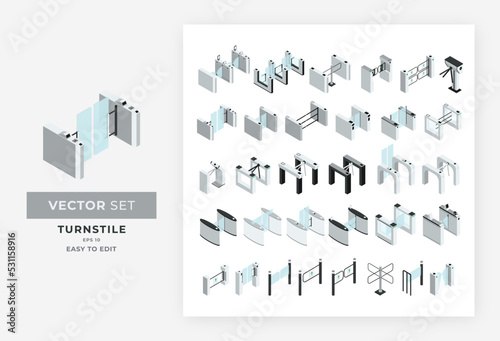 Isometric Turnstile Kit Vector. A collection of various types of entry and exit gates is used to limit people to be more orderly in tourist attractions, and public facilities companies. photo