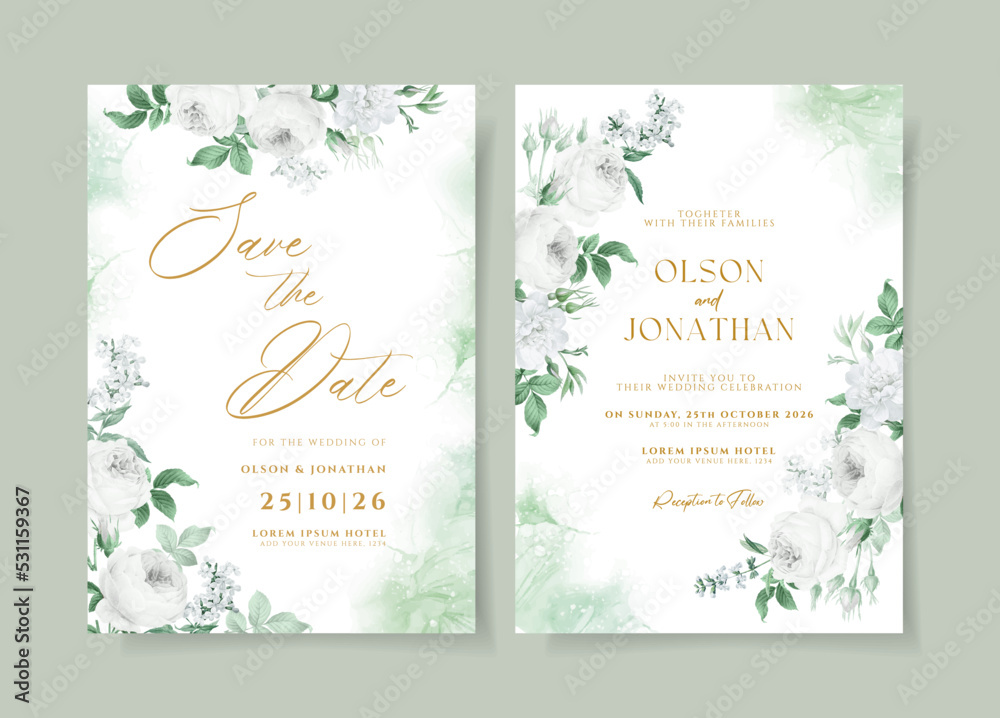Floral wedding invitation template set with white floral and leaves decoration.
