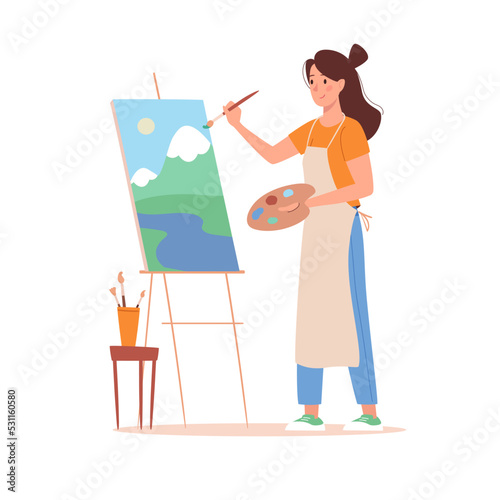 A woman paints a picture at an easel. A young girl paints a landscape the mountains with watercolors and oils. Brushes and palette in the hands of the artist. Vector illustration in flat style