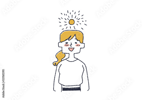 心が晴れやかな女性　人の思考や感情を頭の上で天気やマークで表したイラスト