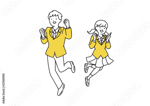 元気な男子学生と女子学生　シンプルな線の人物イラスト