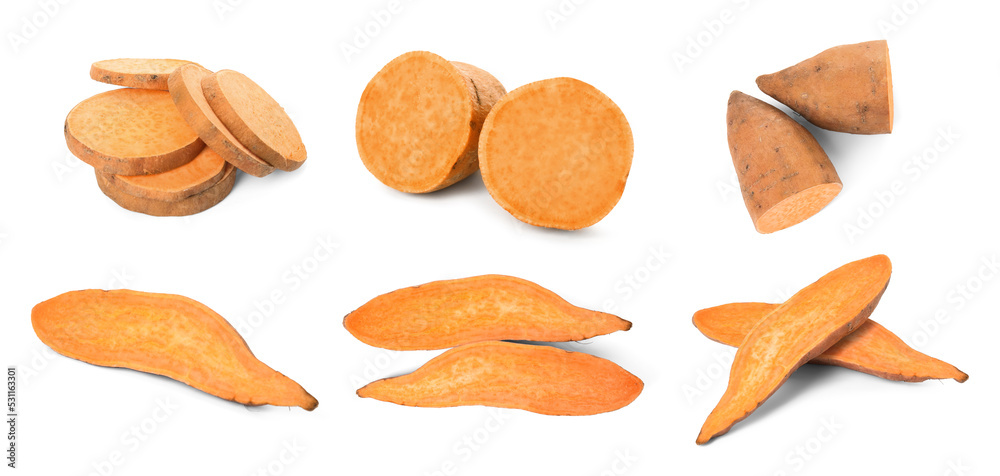 Set with cut ripe sweet potatoes on white background. Banner design