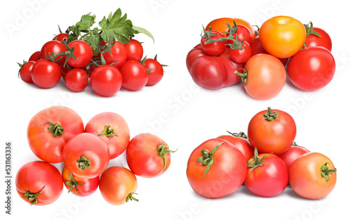 Set with different piles ripe tomatoes on white background
