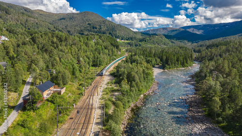 Train Oslo - Bergen near Mjolfjell in mountains. Norway.