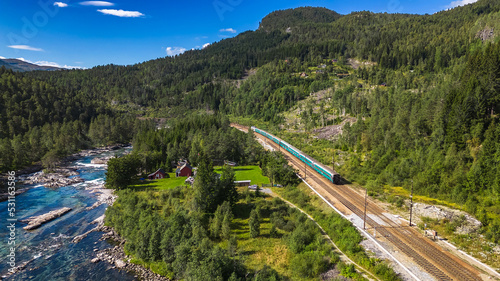 Train Oslo - Bergen near Mjolfjell in mountains. Norway.