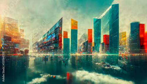 Financial graphs and digital indicators overlap with modernistic urban area, skyscrabber for stock market business concept. Double exposure. , big data connection technology concept . lighting. 3D © geniusstudio