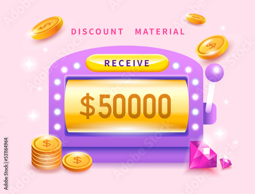 A game winning purple slot machine with a bonus amount. Gold coins fly in the air