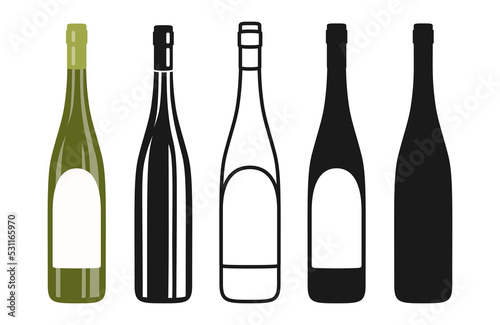 Wine bottle symbol set, icon line, stamp engraving design silhouette. Alcohol beverages white wine, champagne. Celebration winemaking advertisement bottles mockup for bar, restaurant vintage vector