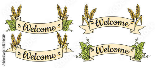 Welcome ribbon set, hop and wheat ear. Tape collection, decorative web icon kit of text banner. Label tag, scroll stripe vintage craft background invitation party. Engraving graphic element