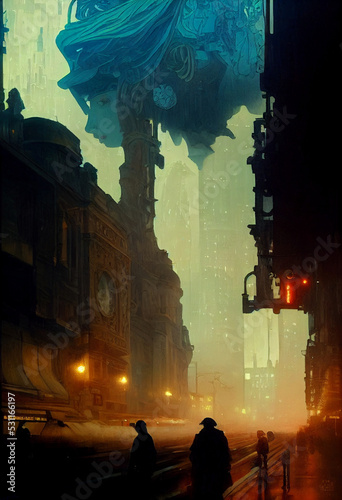 Futuristic city illustration in vintage nouveau style featuring smoke 
