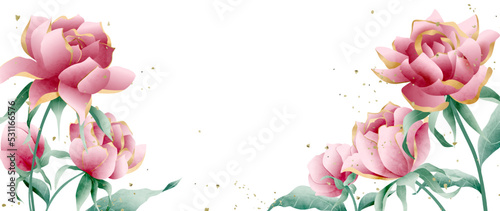 Floral art background with pink peony flowers with golden elements. Botanical banner in watercolor style for wallpaper design, decor, print, textile, interior design, packaging.