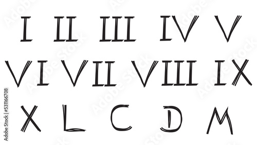 Black roman numerals white background set. 