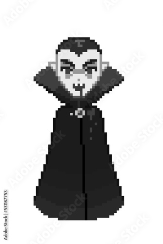 An 8-bit retro-styled pixel-art illustration of a gray vampire.