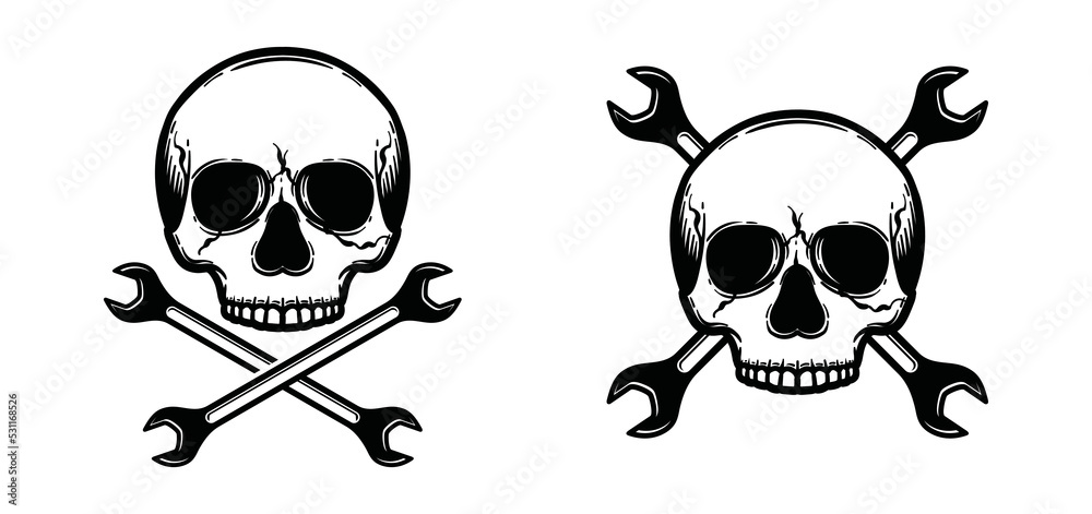 Skull hand draw with crossed wrench symbol icon vector. Skull without a lower jaw and wrench key illustration silhouette logo Skull hand draw with crossed wrench symbol icon vector. Skull without a lower jaw and wrench key illustration silhouette logo