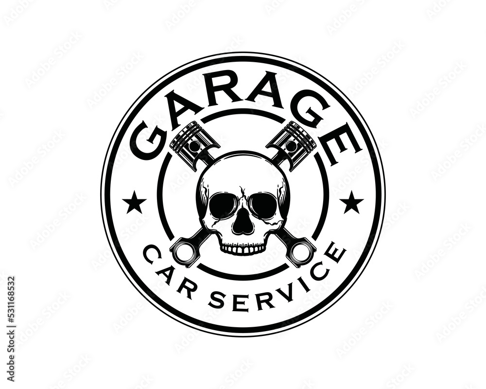 Obraz premium Human skull with car piston icon vector for garage engine logo design. Hand draw skull and car piston silhouette illustration sign symbol vector