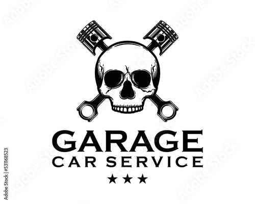 Human skull with crossed car piston icon vector for garage engine logo design. Hand draw skull and crossed car piston silhouette illustration sign symbol vector
