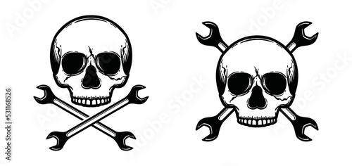 Skull hand draw with crossed wrench symbol icon vector. Skull without a lower jaw and wrench key illustration silhouette logo