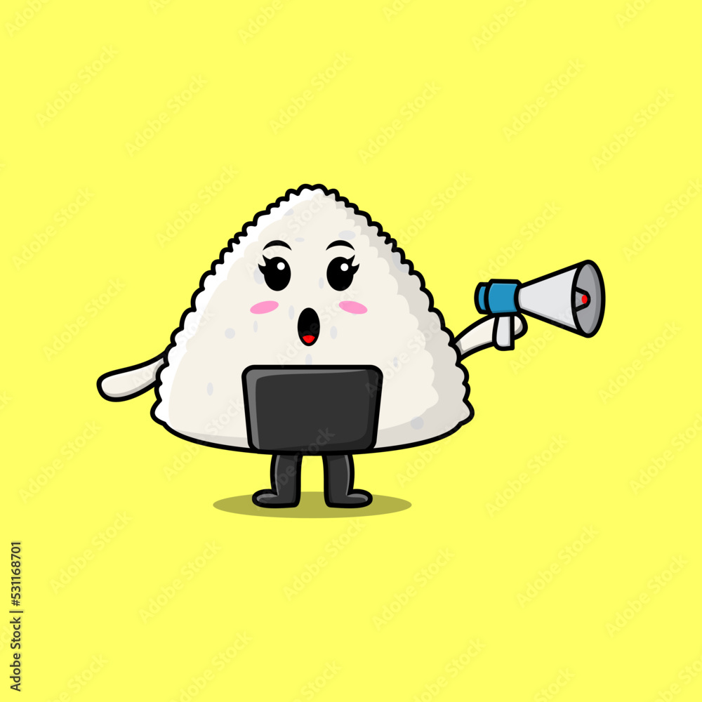 Cute Cartoon Rice japanese sushi character speak with megaphone in flat cartoon style concept Cute Cartoon Rice japanese sushi character speak with megaphone in flat cartoon style concept