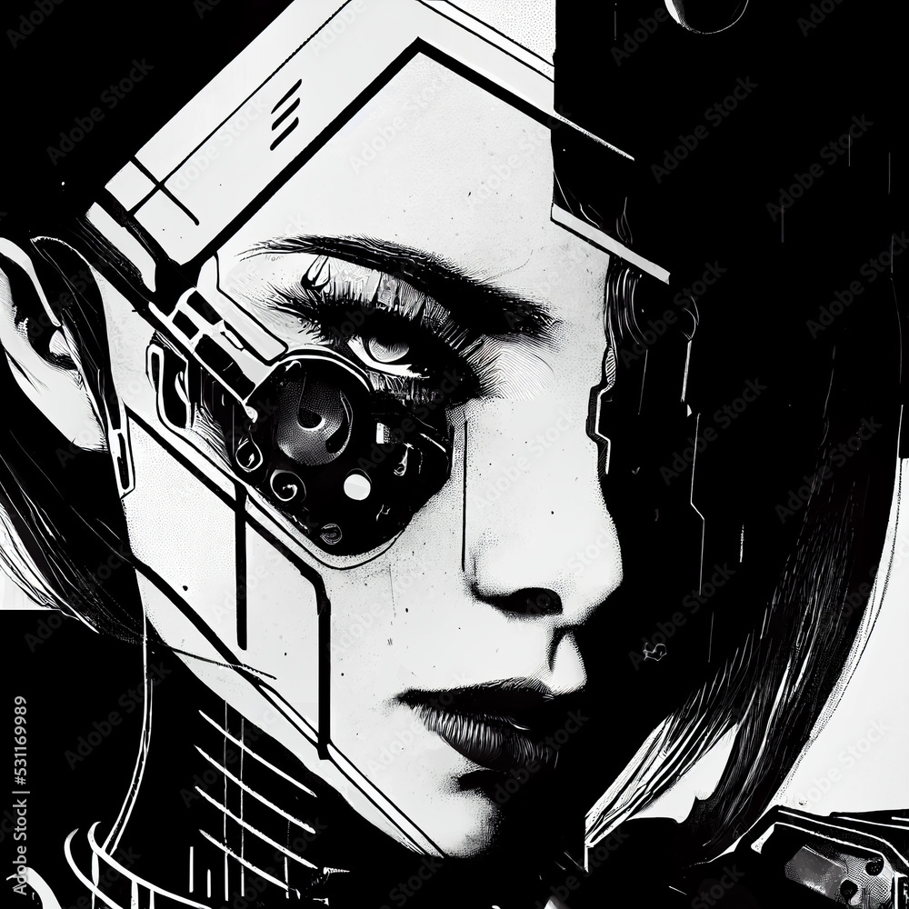 Obraz premium Cyberpunk woman illustration. Strong female warrior and futuristic woman