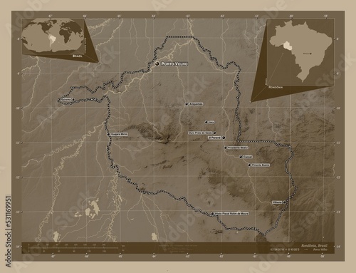 Rondonia, Brazil. Sepia. Labelled points of cities photo