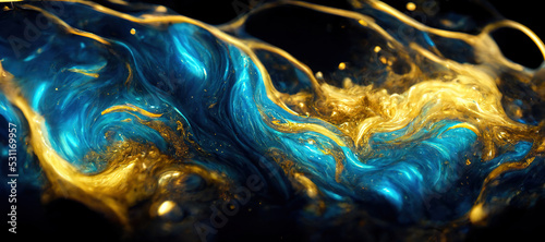 Spectacular image of blue and golden liquid ink churning together, with a realistic texture and great quality. Digital art 3D illustration.