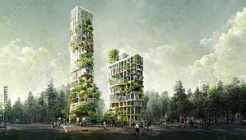 Fotografija Spectacular eco futuristic cityscape abundant in vegetation features city buildings and green park, forest