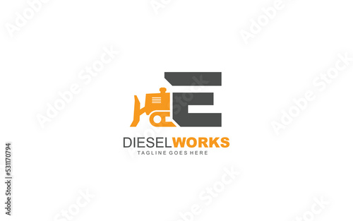 E logo excavator for construction company. Heavy equipment template vector illustration for your brand.