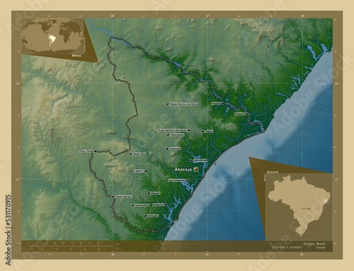 Sergipe, Brazil. Physical. Labelled points of cities photo