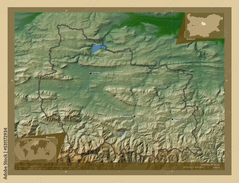 Obraz premium Gabrovo, Bulgaria. Physical. Labelled points of cities