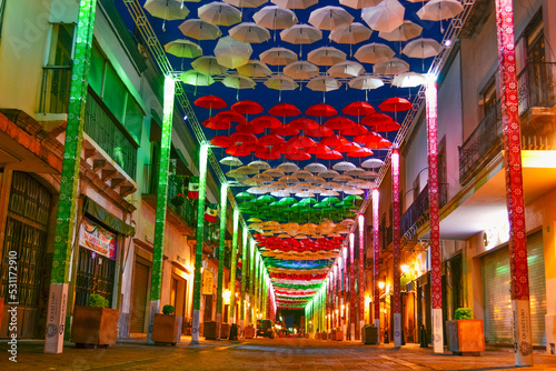 15 of September in México. Awesome Mexican decoration with illumination in the streets.