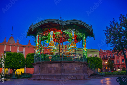 Illumination and decoration of Independence Day of México. Kiosk decorated with illumination in Querétaro, México.